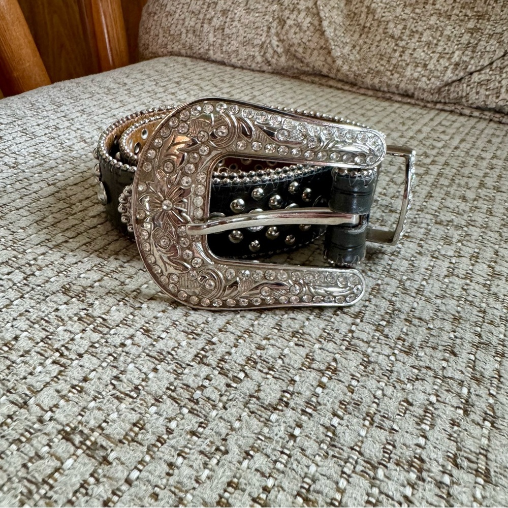 Studded Black Leather Belt with Silver Buckle